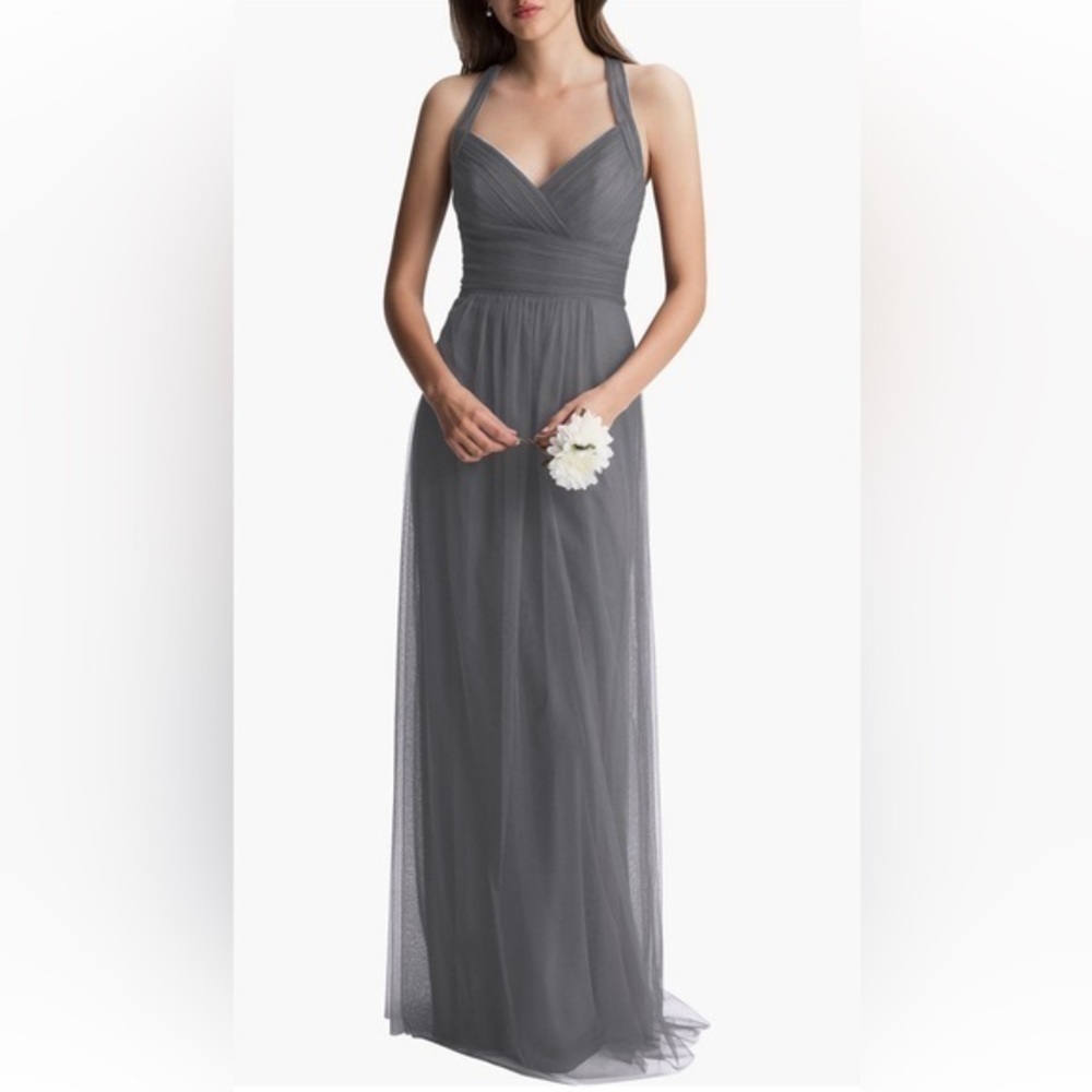 Levkoff Crisscross Strap Tulle A-Line Gown in Color Pewter